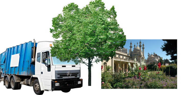 Refuse lorry. Tree. Royal Pavilion Gardens.