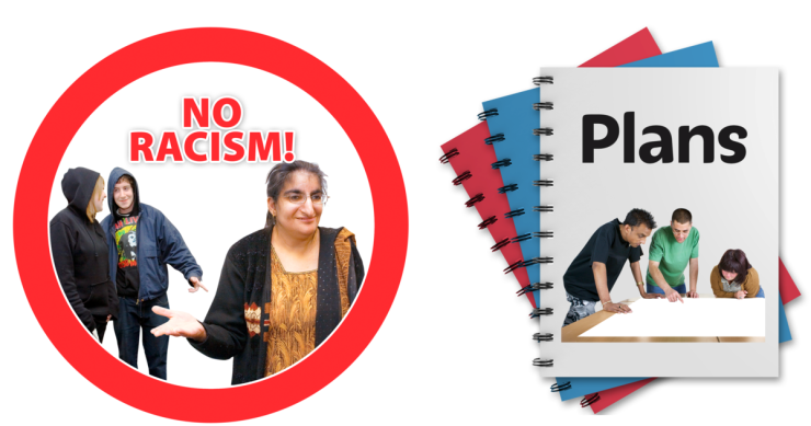 Red circle with people inside and 'NO RACISM!' text. Pile of books with text 'Plans' on the cover.
