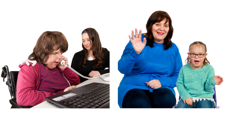 Person using a phone and being watched by a supervisor sitting next to them. Woman and young girl sitting and waving.