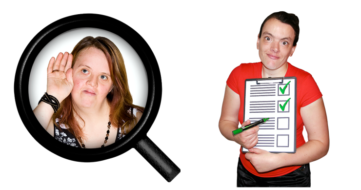 Composite image of a person listening to find out about something next to a person holding a checklist.