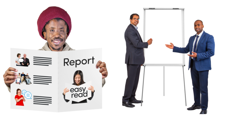 Person reading an easy read version of a report. Two people pointing to a whiteboard.