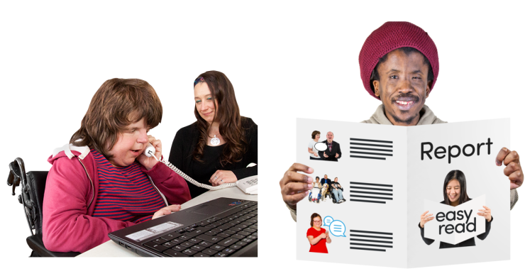 Composite image of a person getting information on the phone next to a person holding a report document.