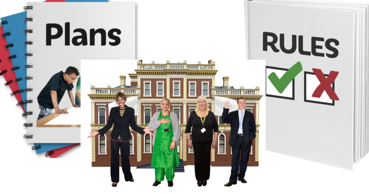 Pile of books with text 'Plans' on the cover. Four people in front of an official building. Book of rules.