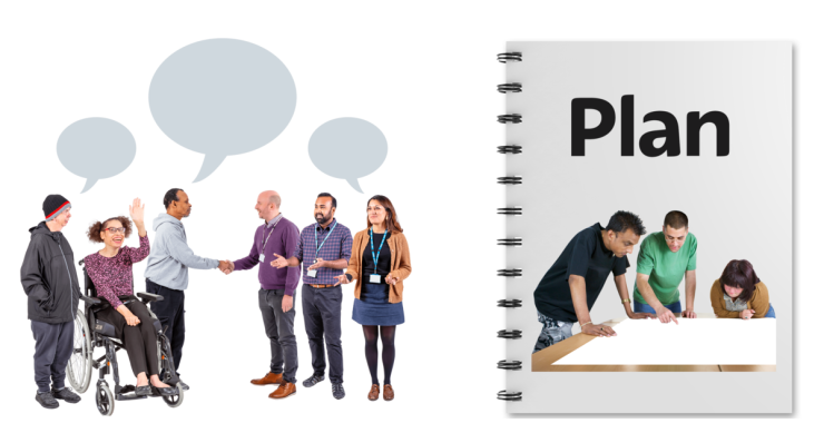 Plan. Group of people talking with speech bubbles.