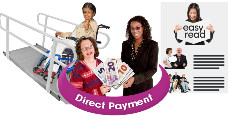 Composite image of a person in a wheelchair on a ramp, people organising Direct Debit payment and an easy read logo