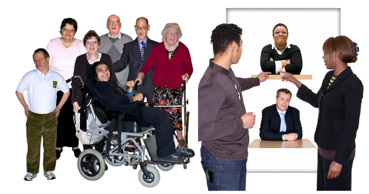 Group of different people together. Two people pointing at pictures of two other people on a board.