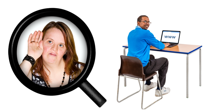 Composite image of a person listening to find out about something next to person sat in front of a computer using the internet.