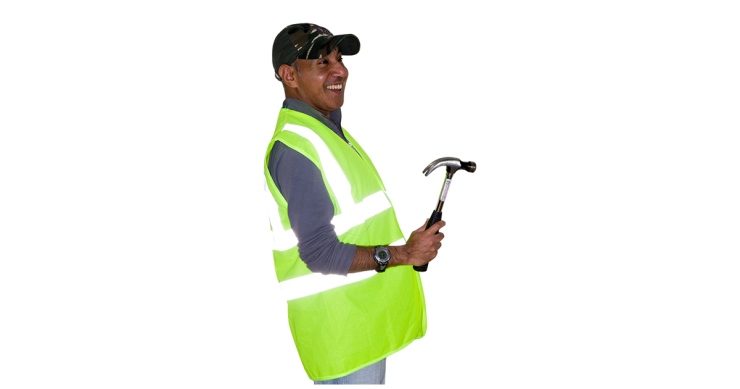 Man in high vis jacket and hammer.