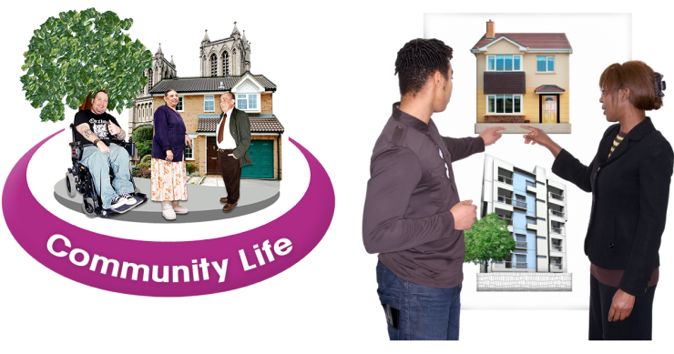 Three people in front of a house, tree and cathedral surrounded by a purple ring with text 'Community Life'. Two people pointing at a house and block of flats.