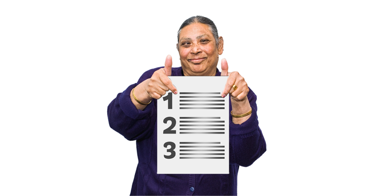 Person showing a list with three items.