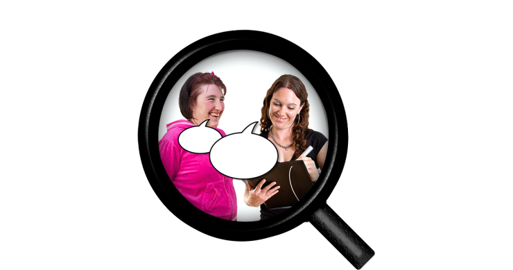 Two women talking. One has a whiteboard and is writing something down. They are both inside a magnifying glass lens.