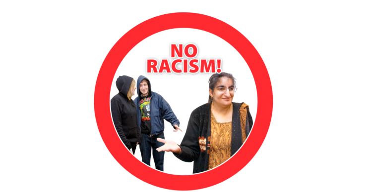 Red circle with people inside and 'NO RACISM!' text.