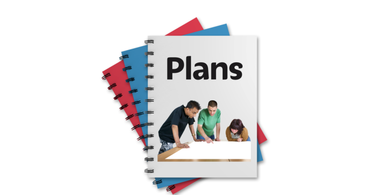 Pile of books with text 'Plans' on the cover.