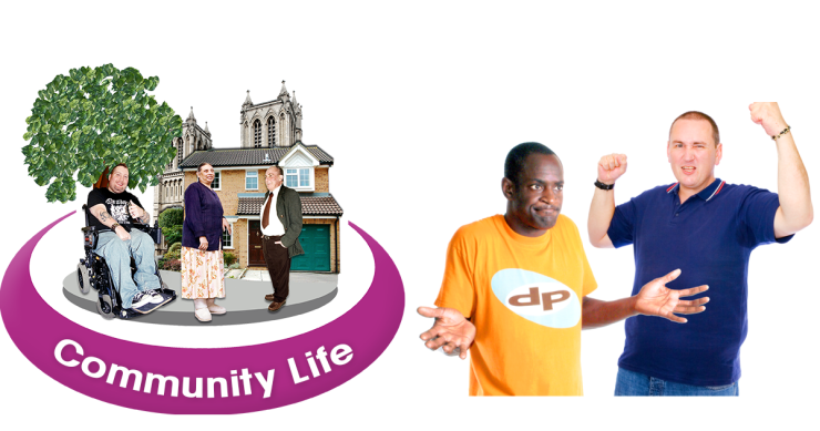 People in front of house, trees and church surrounded by text 'Community Life'.