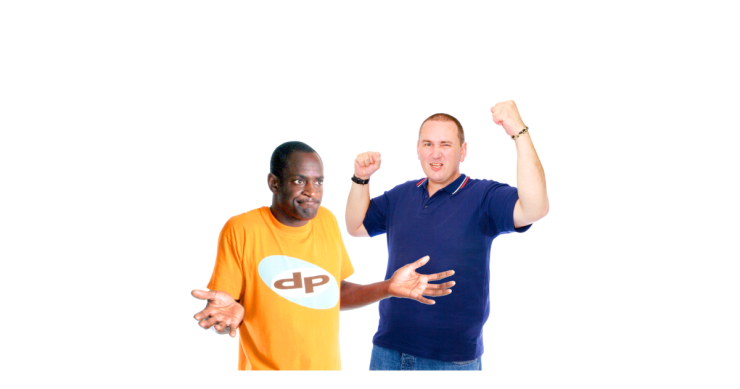 Image of two men. The white man looks happy. The black man looks confused.