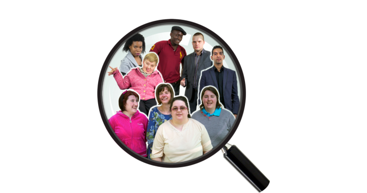 Group of people inside the lens of a magnifying glass.