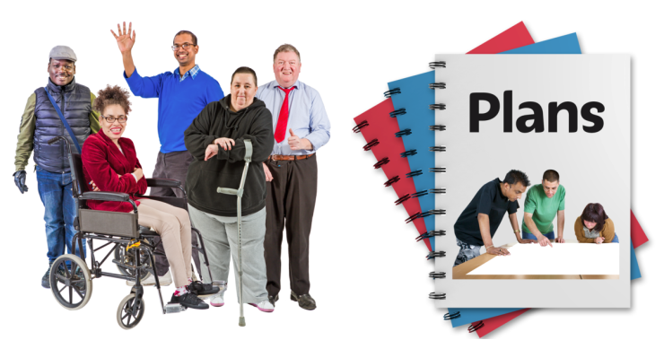 Composite image of a group of people with different disabilities next to a folder labelled plans.