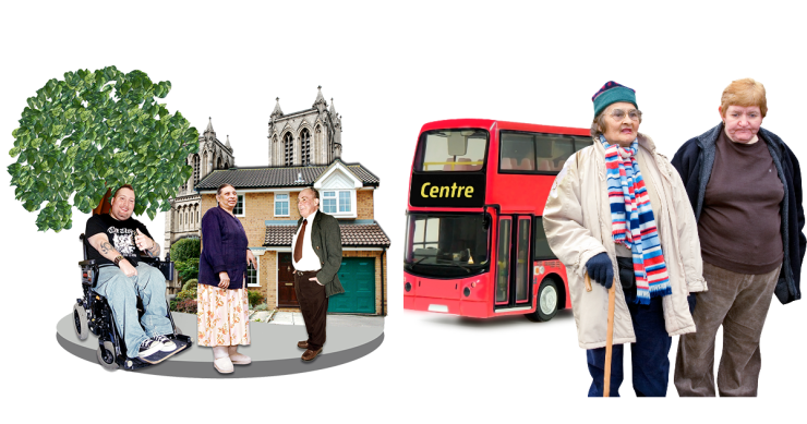 On the right are three people in front of a house, tree and cathedral. On the left are two people in front of a red bus.