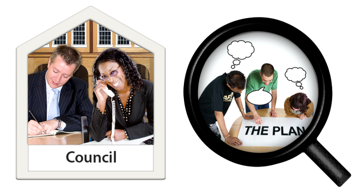 Two people inside the shape of a house with text 'Council' underneath. Three people looking at a plan with speech and thought bubbles, inside the lens of a magnifying glass.