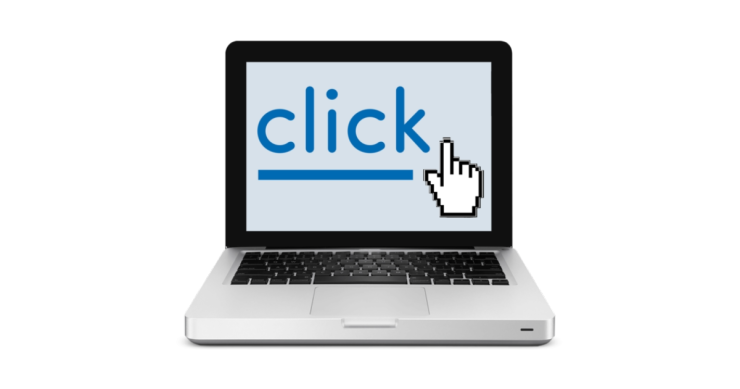 Laptop with text 'click' on screen.