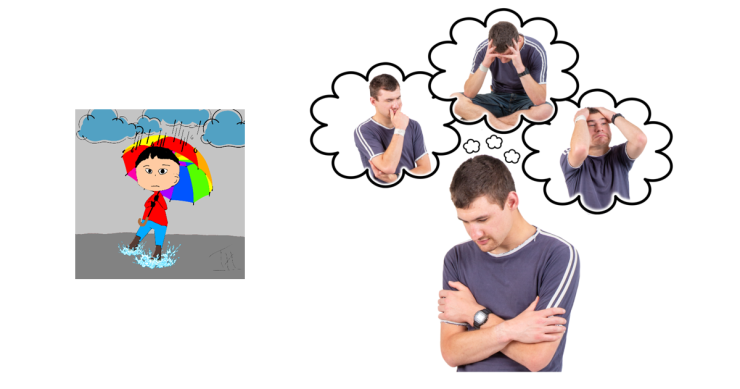 Picture 1 - A cartoon of a child holding an umbrella. It is raining. The child has a blank expression on their face. Picture 2 - a person showing many worries.