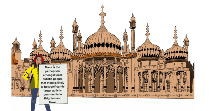 A person holding a sign in front of Royal Pavilion. The sign states 'there is the perception amongst local autistic people that there is likely to be a significantly larger autistic community in Brighton & Hove'.