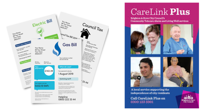 Three paper bills and a copy of CareLink Plus document.