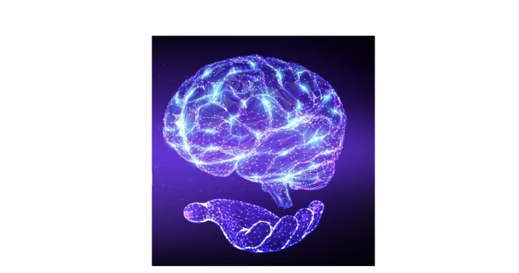 Digital image of a brain over a hand.