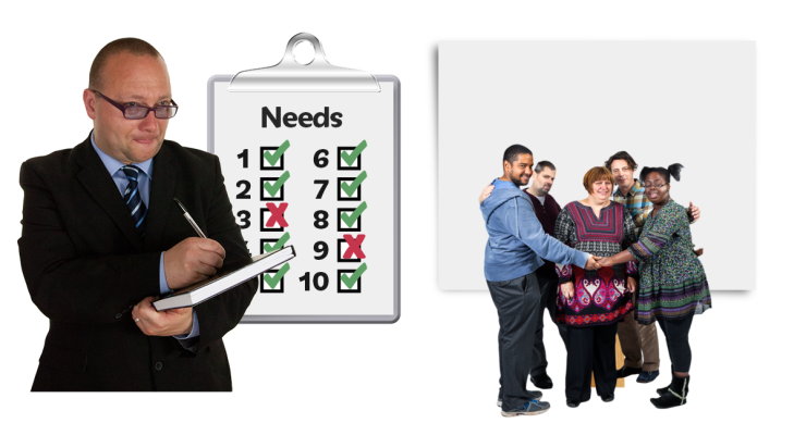 Person with a clipboard carrying out an assessment next to a group of people keeping each other safe.saftey