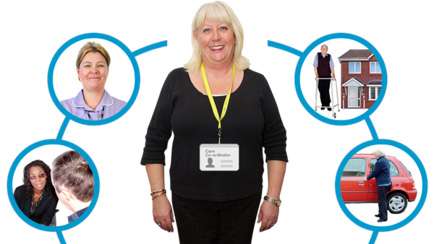 care worker surrounded with pictures of other care workers in different settings.