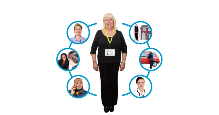 care worker surrounded with pictures of other care workers in different settings.
