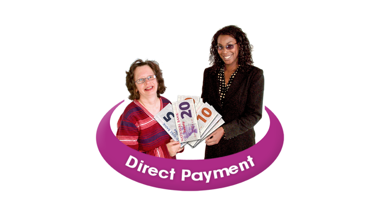 Two people holding money and Direct Debit wording.