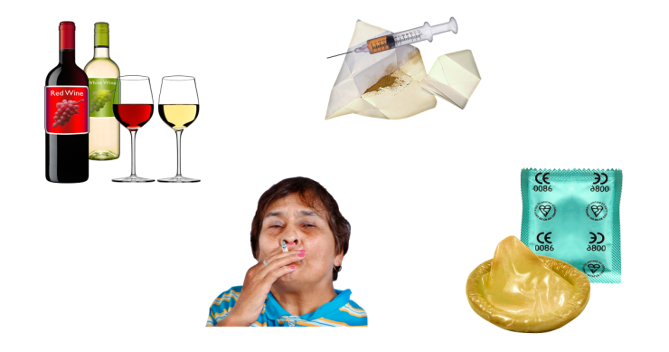 Four pictures of wine, a person smoking, drugs and a condom.