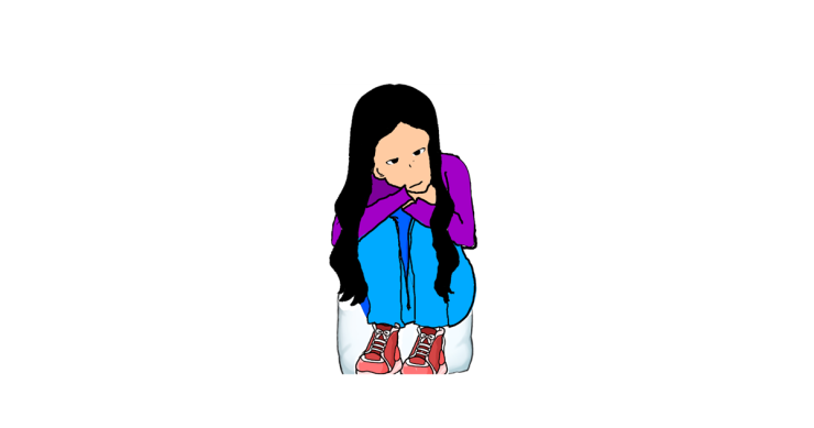 A drawing of a white person with long dark hair sitting down with their arms crossed and their knees held against their chest. They look sad and have their head rested on their arms. 