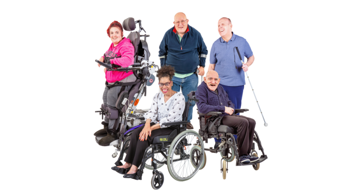 Group of people. Three are in wheelchairs, one is appears to be blind and one is holding crutches.