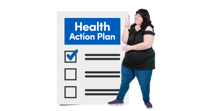 A paper titled health plan with a person standing next to it.