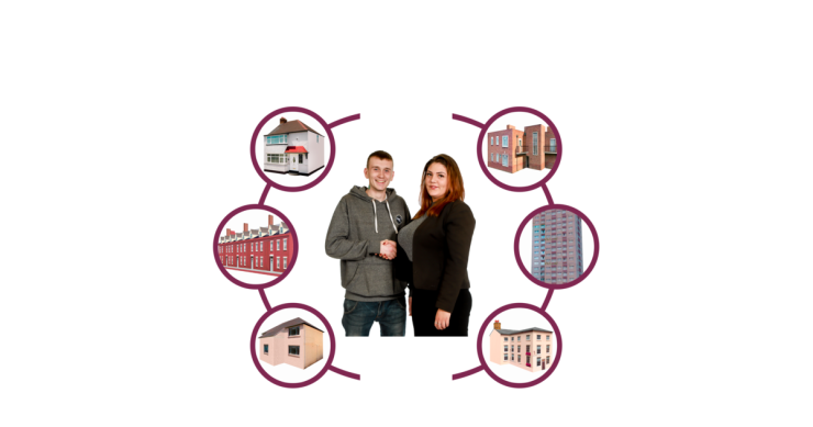 Two people surrounded by different housing options.