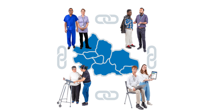 A map with care workers at different points on the map next to interlinked icons.