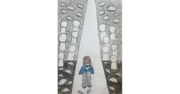 A drawing of a person sitting in a tunnel with many eyes and blank figures looking at them. The person has their hands to their chest and is sitting on the floor. They do not have a face and there is a broken mask on the floor in front of them.