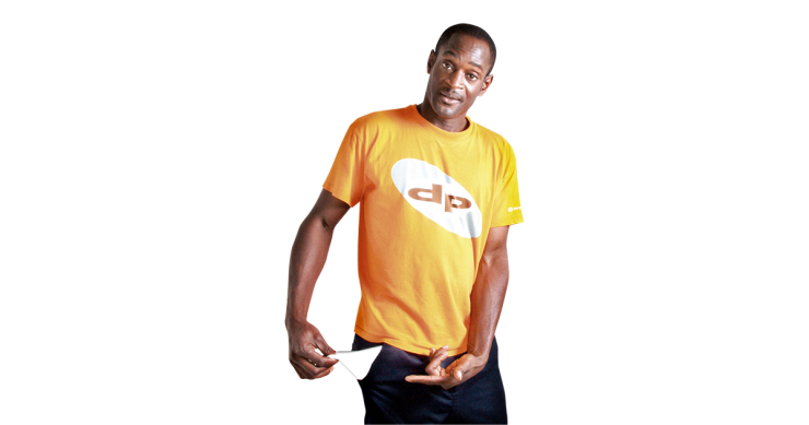 Man pointing to empty pocket.