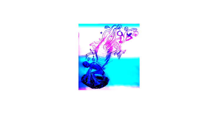 A drawing of a blue figure sitting on the ground on top of a black circle. There are blue and purple sharp lines and shapes coming out of their body in an abstract style. 