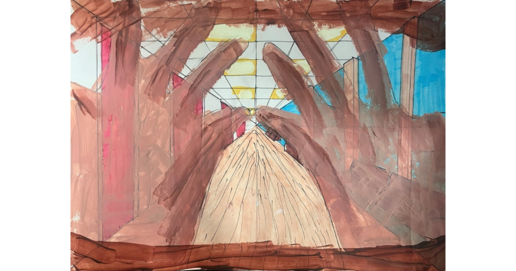 A picture of a long corridor with red and blue doors on either side. There are a pair of brown hands which are overlaying the image of the corridor.
