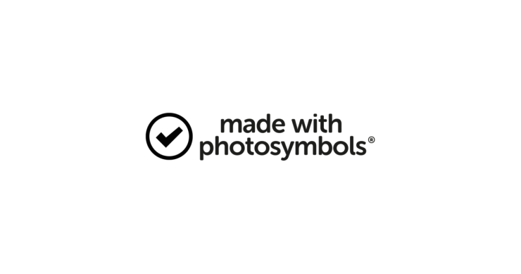 A black background with white text. There is a circle with a tick inside. Text next to the circle states 'made with photosymbols'.