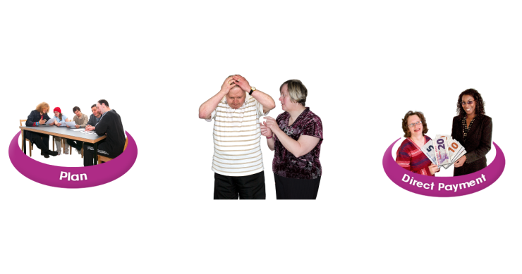 Three images - a group of people making a plan, a person in distress and 2 people holding money to show a Direct Debit.