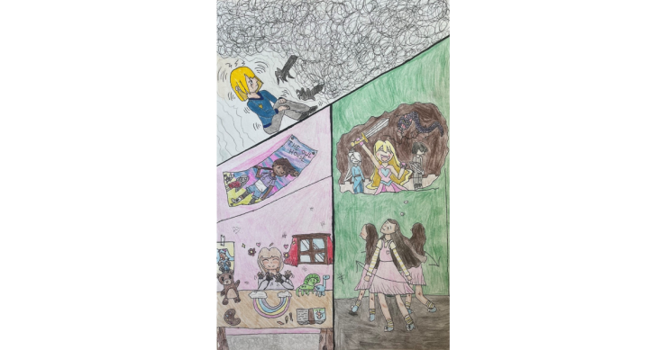 A comic style drawing with three different scenes. In one, there is a person who is rocking and looking scared of black arms with talons that are coming towards them. In the second scene, a person sits at their desk in front of a drawing of a rainbow. They appear happy and are waving their hands. In the third scene a feminine person wearing a pink dress is twirling. Above them is a thought bubble of a feminine warrior with long blond hair in front of an archer and a second figure with long blond hair. 