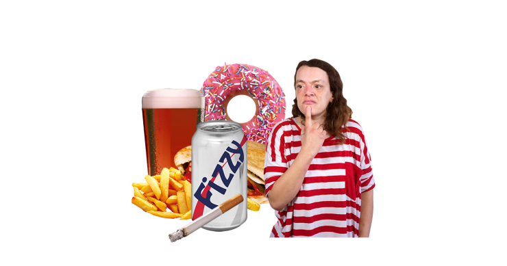 Person next to unhealthy food and drink. 