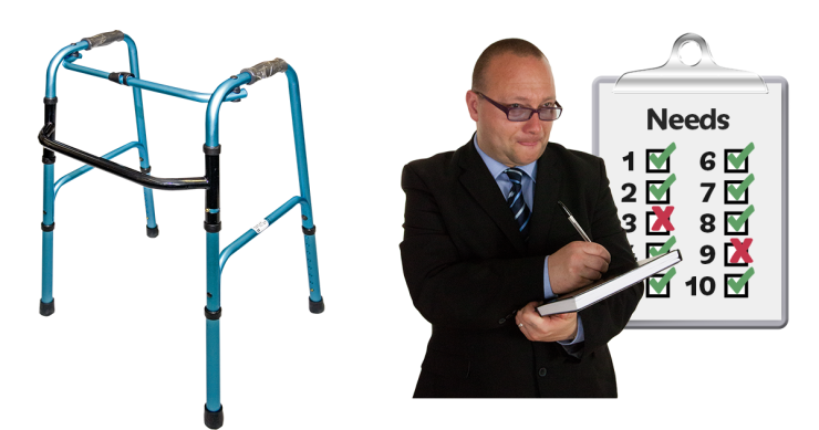 Walking frame next to a person carrying out a care assessment.