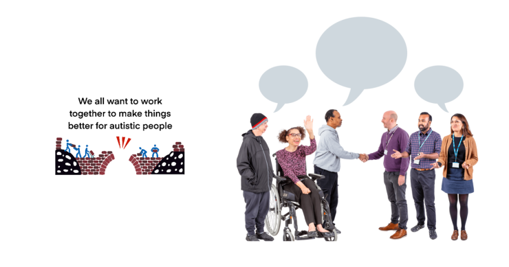 Picture 1 - A group of people building a bridge together. There is black text above the bridge stating 'we all want to work together to make things better for autistic people'. Picture 2 - 6 people in a group working together.