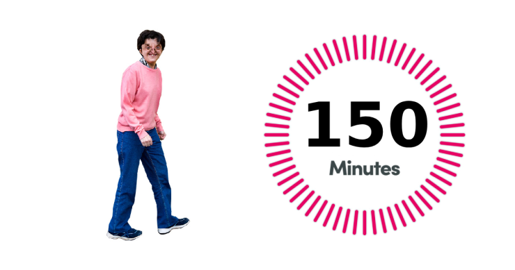 Woman walking with symbol saying '150 minutes'.