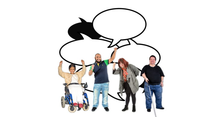 Group of people in front of large speech bubbles.